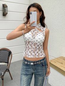 EastFlair Women's Mandarin Collar Lace Floral Print Fitted Casual Blouse - Multicolor - View 4