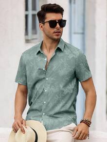 Manfinity RSRT 男士夏季休闲度假植物印花纽扣短袖衬衫 - 灰綠 - 查看 5