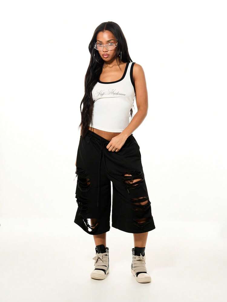 SUMWON High Maintenance Graphic Print Scoop Neck Tank Top With Contrast Black Trim Casual Summer Sleeveless Tee