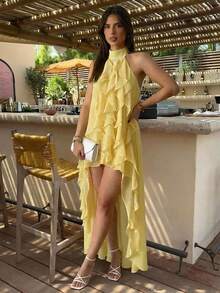 Aloruh Vestido midi asimétrico sin mangas con volantes en el bajo, de estilo romántico, color amarillo pálido, vestido de vacaciones - Amarillo claro - Ver 1