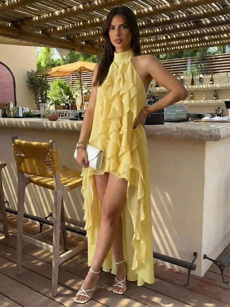 Aloruh Vestido midi asimétrico sin mangas con volantes en el bajo, de estilo romántico, color amarillo pálido, vestido de vacaciones - Amarillo claro - Ver 1