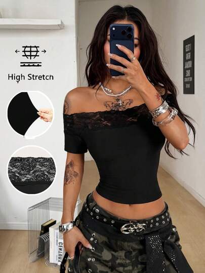Coolane Women's Spring/Summer Streetwear Casual Vintage Chic Y2K Western Wear Minimalist Basic Lace Stretchy Comfortable Black Slim Fit Off The Shoulder Crop Tees