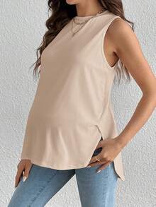SHEIN Top sin mangas de embarazo de unicolor con bajo curvo, para uso diario y casual en verano - Camel - Ver 4