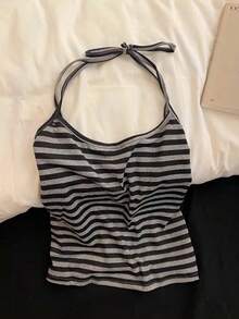 Resyla New Striped Tie Spaghetti Strap Crop Top And Shorts 2 Pieces Set, Casual Sexy Slim Fit - Grey - View 4