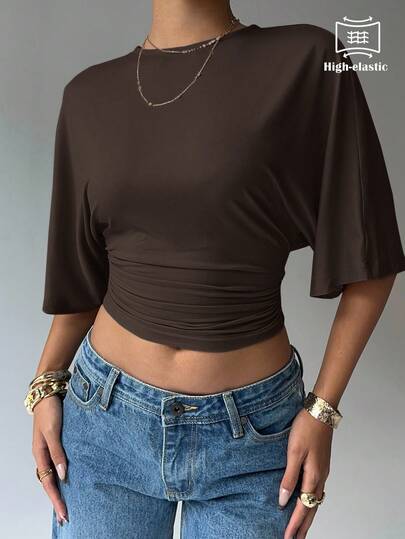 Aloruh Casual Solid Color Batwing Sleeve Cropped T-Shirt, Summer,Brown Top Formal Occasion, Special Occasion Re-Wearable Butterfly Sleeve Comfortable Soft Breathable