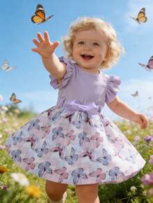 SHEIN 女婴休闲日常百搭可爱蝴蝶印花连衣裙，配腰带，适合外出穿着 - 紫色 - 查看 3
