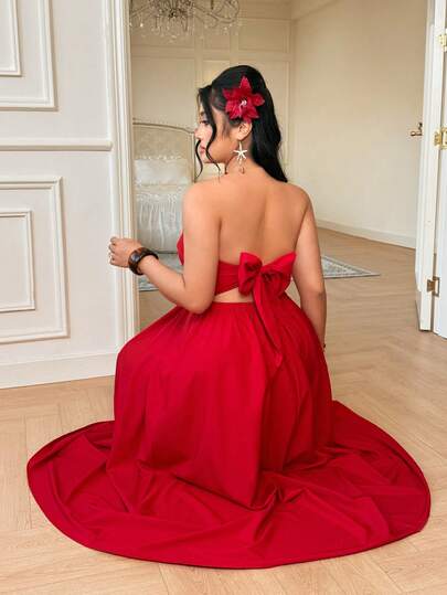 Celure Plus Size Women's Strapless Backless Bow Tie Waist Flared Elegant Dress For Outing And Date Gowns For Formal Occasion Luxury Dresses For Women Prom Dresses Birthday Dress For Women Beautiful Dresses For Special Occasions