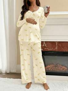 SHEIN Bộ đồ bầu 2 món gồm áo dài tay và quần in họa tiết nơ. - Màu vàng - Xem 4
