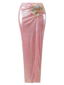 Swim Oasis 女士沙滩套装，粉色金属面料，珠光闪亮，深V领露背比基尼上衣搭配紧身长裙，时尚休闲度假甜美优雅性感高级女士泳装套装 - 粉色 - 查看 5