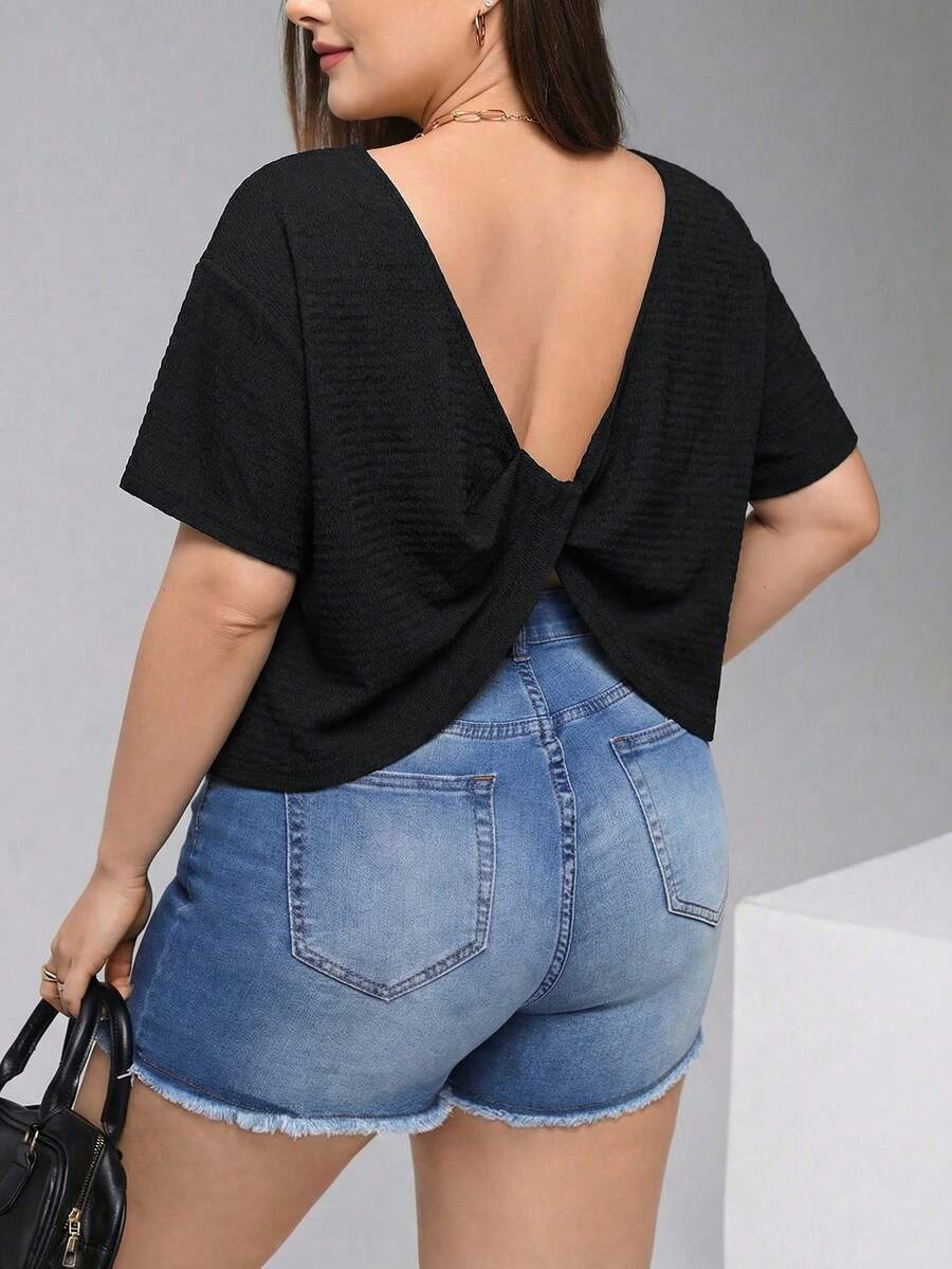 SHEIN Essnce 大码女装春夏时尚休闲宽松舒适日常百搭显瘦黑色短袖露背上衣,适合外出、夏季穿着,欧洲夏季 - 黑色 - 查看 1