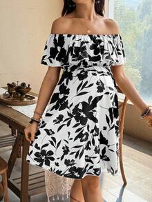 SHEIN Đầm bầu họa tiết hoa, kiểu dáng thường ngày, trễ vai, xếp ly, thích hợp cho kỳ nghỉ hè. - Đen và trắng - Xem 5