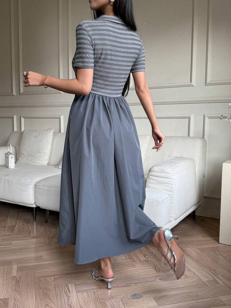 Women's Casual Striped Print Short Sleeve Midi Dress Sundress