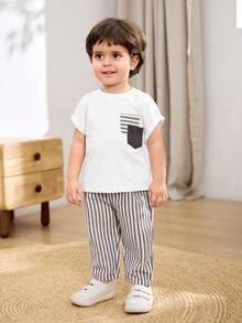 Cozy Pixies 2pcs Baby Boy Decorative Pocket Knitted Soft Round Neck Drop Shoulder Short Sleeve Top & Striped Pants Set - Multicolor - View 4