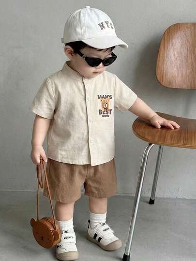 SHEIN Playful Pals 6-36 Months Infant Toddler 2pcs Set, Baby Boy/Girl Unisex Khaki Striped Bear Print Short Sleeve Shirt + Solid Color Elastic Waist Shorts, Children Casual Outfit For Spring Summer, Daily Wear, Vacation