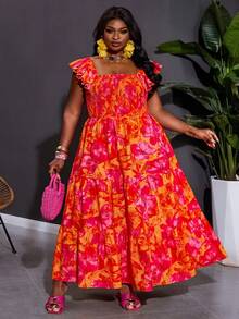 SHEIN CURVE+ Curve 尺码 US22 音乐节、海滨度假、波西米亚风休闲印花连衣裙，波西米亚风格 - 橘色 - 查看 6