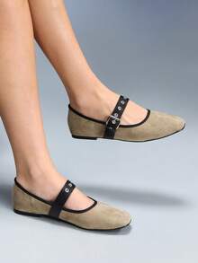 CUCCOO GRLICON Zapatos planos de moda casual para mujer con diseño de hebilla con remaches - Caqui - Ver 4