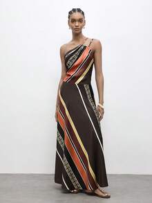 Maija Brown Dress Striped Dress With Asymmetric Hem, Asymmetrical Shoulder, Suitable For Vacation & Beach Tighten The Waist Beach Dress Summer Dress Festival Dresses Elegant Holiday Outfits - Multicolor - View 3