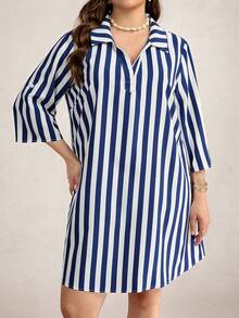 SHEIN LUNE Vestido casual recto holgado con mangas enrolladas de rayas para mujer de talla grande, vestido de rayas de talla grande, vestido camisa de talla grande, vestido de resort de rayas de talla grande para mujer, vestido casual de curvas, vestidos túnica para mujer de vacaciones, vestido de estilo francés para mujer, vestidos de verano para mujer, vestidos náuticos para mujer, vestido de marinero para mujer, atuendos de verano para mujer, vestido de yate, vestido de rayas, vestido de verano con mangas, atuendos de verano para mujer de talla grande, vestidos casuales de verano para mujer - Blanco y Negro - Ver 4