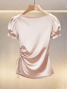 Franclia Women's Elegant Ruched V-Neck Bubble Sleeve T-Shirt, Suitable For Dates And Parties - Champagne - View 2