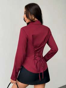 SHEIN PETITE 1件女士纯色纽扣前开襟长袖休闲衬衫 - 酒紅色 - 查看 3