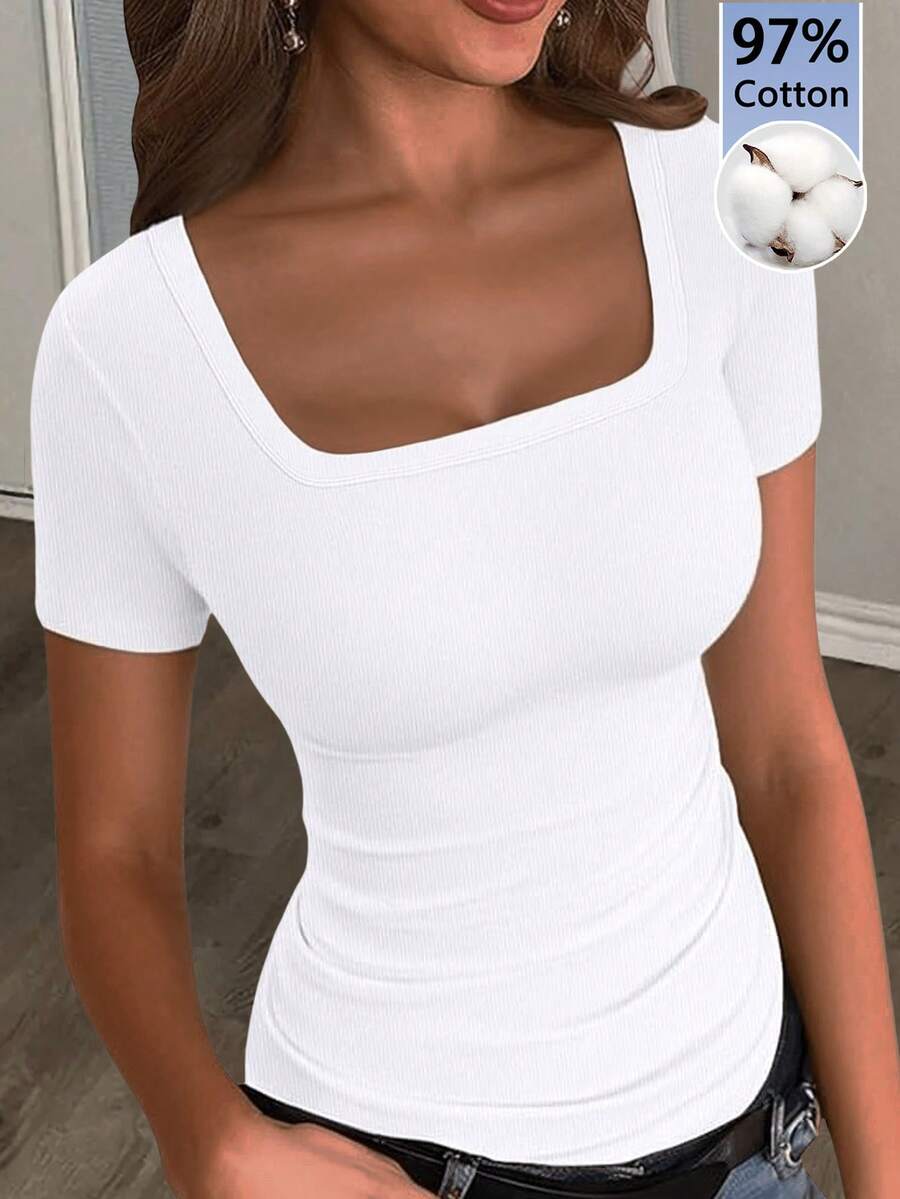 Slaydiva 女款基礎夏季97%純棉白色羅紋彈性T恤 – 圓領、短袖、標準版型、側褶、西方節日可愛軟妹風Clean Girl Y2K復古運動GenZ返校夏季單車瑜伽居家穿搭 - 白色 - 查看 1
