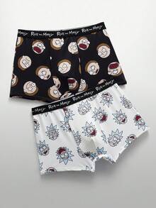 Rick and Morty X SHEIN 2条装男士卡通人物印花平角内裤 - 黑與白 - 查看 1