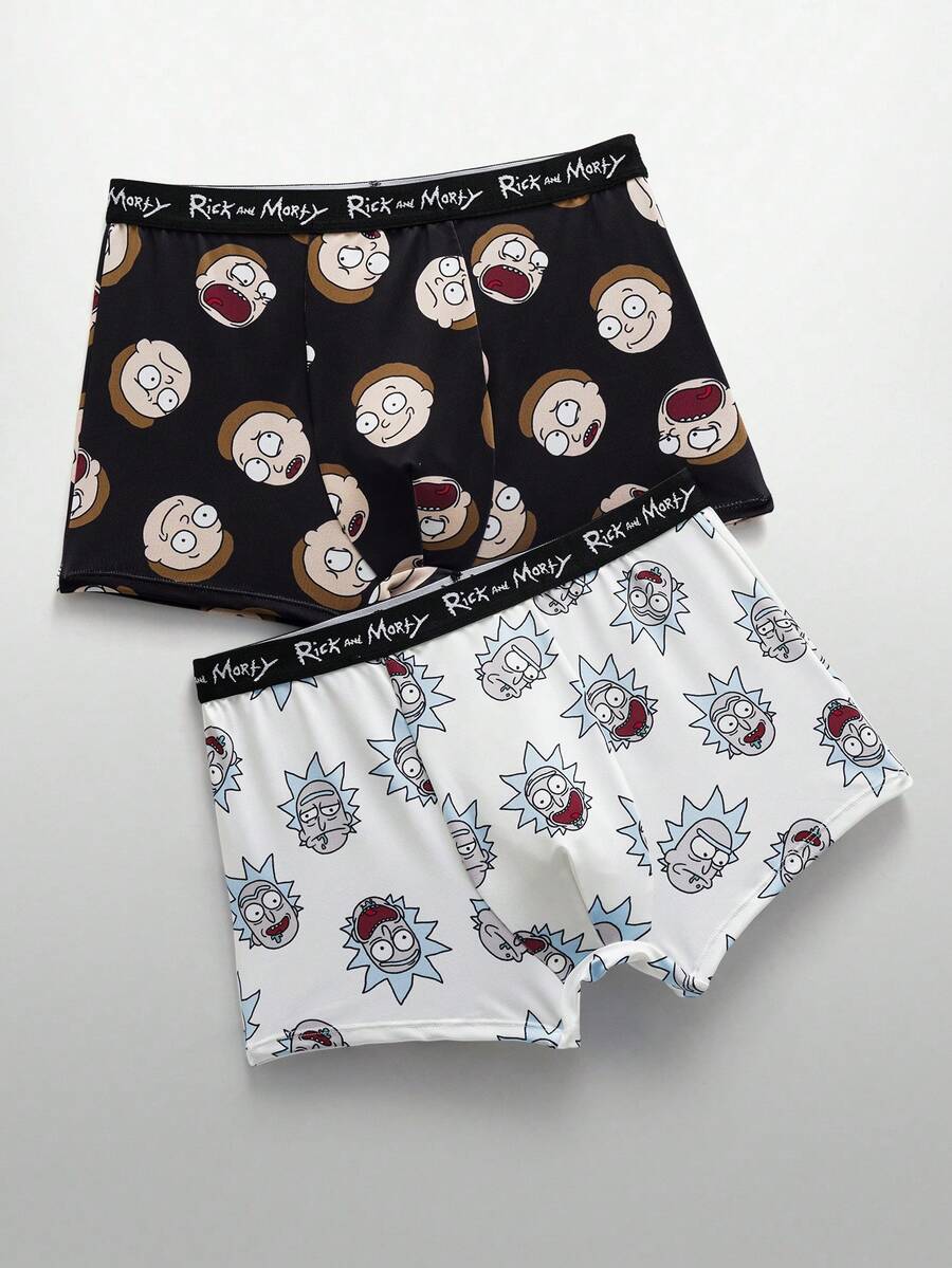 Rick and Morty X SHEIN 2条装男士卡通人物印花平角内裤 - 黑與白 - 查看 1