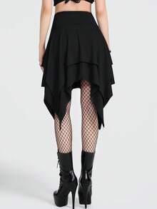 Breakform Chân váy ngắn nữ phong cách Gothic Retro cạp cao màu trơn, chất liệu vải dệt kim, vạt bất đối xứng, eo chun co giãn, có dây rút trang trí, thích hợp cho tiệc tùng, dạo phố, lễ hội, câu lạc bộ. - màu đen - Xem 2