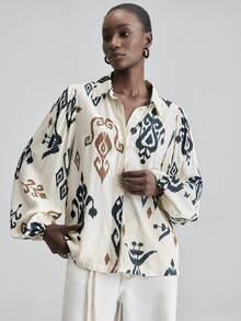 Ontre 2026春夏女士花卉图案混纺吸湿长袖衬衫，宽松版型，简约都市时尚商务休闲办公装，高品质机场/邮轮旅行服，优雅婚礼宾客装，百搭轻盈奢华必备乡村音乐会、西部风格服饰，高档面料，舒适透气，波西米亚风度假装。 - 彩色 - 查看 5