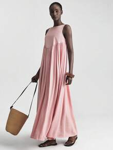 2026春夏新款女士纯色褶皱圆领无袖休闲长款粉色连衣裙，波西米亚风，伊比沙岛度假装，宽松舒适。新款夏季女士优雅正式连衣裙 - 粉色 - 查看 4