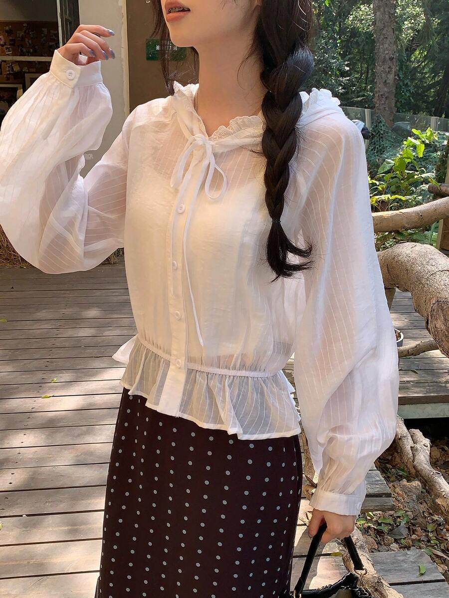 DAZY Áo dài tay có mũ trùm đầu phối ren dành cho nữ - trắng - Xem 1