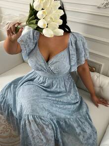 Lyrianda 新款春夏蓝色雪纺镂空优雅百搭收腰V领性感时尚连衣裙 - 綠色 - 查看 7