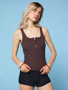 COUREZ 亨利领罗纹背心上衣 / Y2K 夏季女装可爱性感棕色无袖上衣沙滩度假泳装夏季外出女式沙滩装 - 咖啡棕 - 查看 6