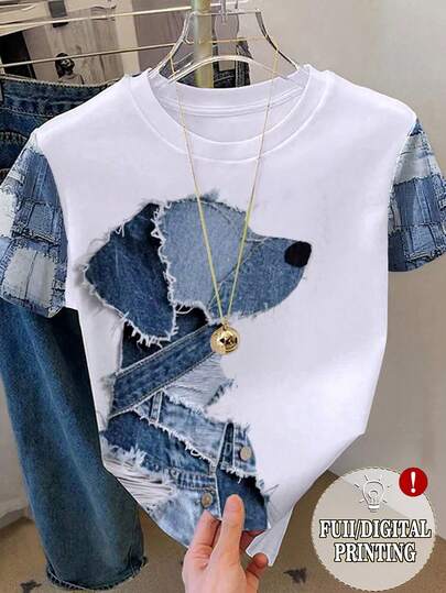 Resyla T-shirt à col rond à manches courtes imprimé chien décontracté pour femmes, été