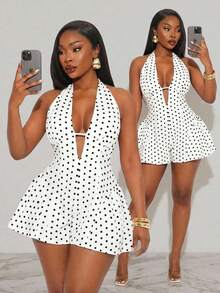 SHEIN SXY 大码波点印花露背吊带性感连体裤 - 白色 - 查看 1