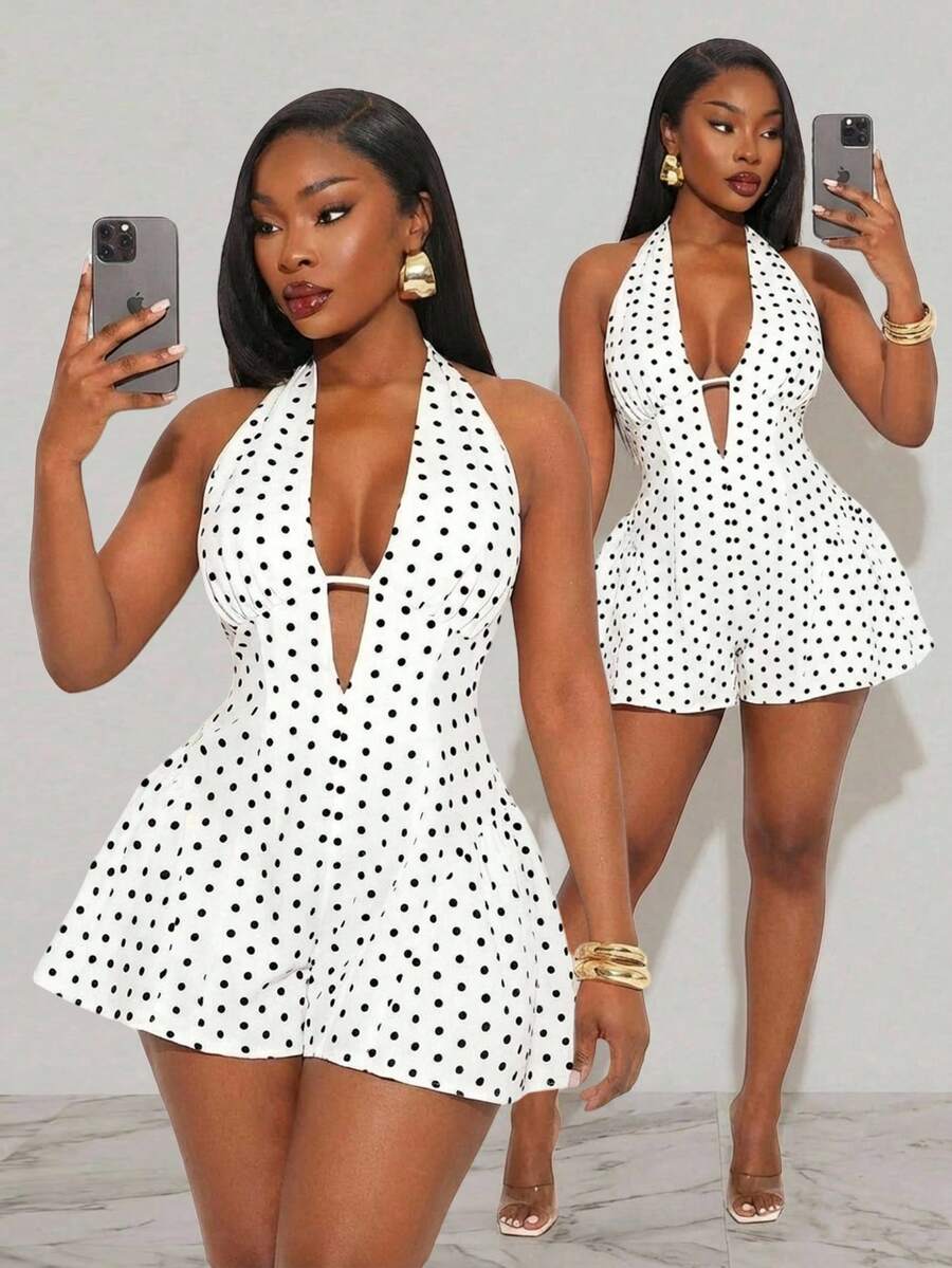 SHEIN SXY 大码波点印花露背吊带性感连体裤 - 白色 - 查看 1