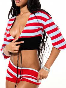 SUMWON WOMEN Ribbed Knit Striped High Rise Hot Pants Booty Shorts With Lace Up Corset Detail - Multicolor - View 4