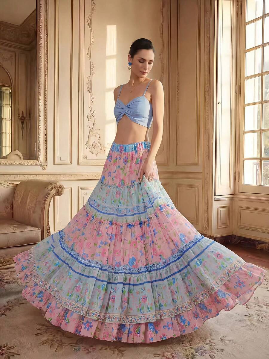 LOTSLUV Falda evasé con estampado de colocación azul y rosa, volante fruncido, bajo asimétrico para mujer - Multicolor - Ver 1