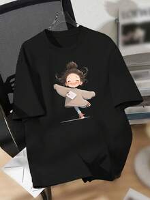 EMERY ROSE 治愈系微笑发髻女孩图案印花休闲加大码T恤 - 黑色 - 查看 1