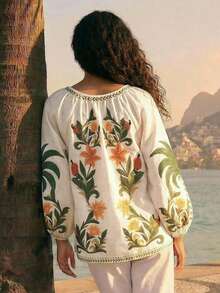 CAJUNI Women's Floral Print Front Tie Raglan Sleeve Casual Shirt - Apricot - View 2