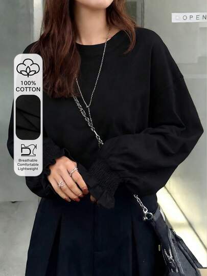 FRIFUL 女士休闲日常纯色圆领落肩宽松长袖T恤，秋季款