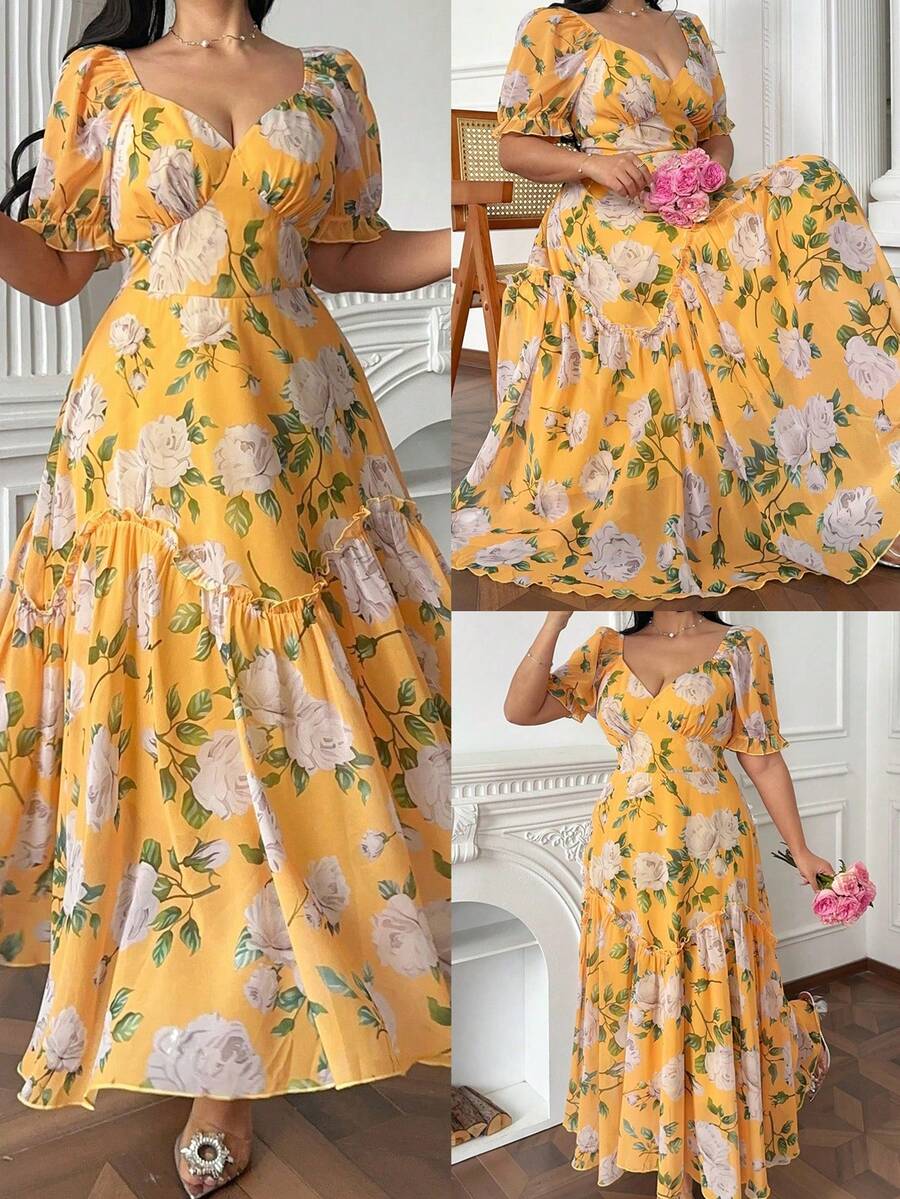 Flirla Plus Size Women Floral Print Sweetheart Neck Raglan Short Sleeve Ruffle Hem Elegant Dress - Yellow - View 1