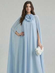 2026春夏女士纯色3D立体花卉装饰披肩式宽松优雅连衣裙 - 淺藍色 - 查看 7