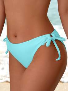 Swim Vcay 女士纯色扭结侧边比基尼泳裤，休闲沙滩度假风 - 淺藍色 - 查看 3