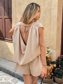 SHEIN Frenchy 女士度假休闲纯色露背连体裤 - 杏色 - 查看 3