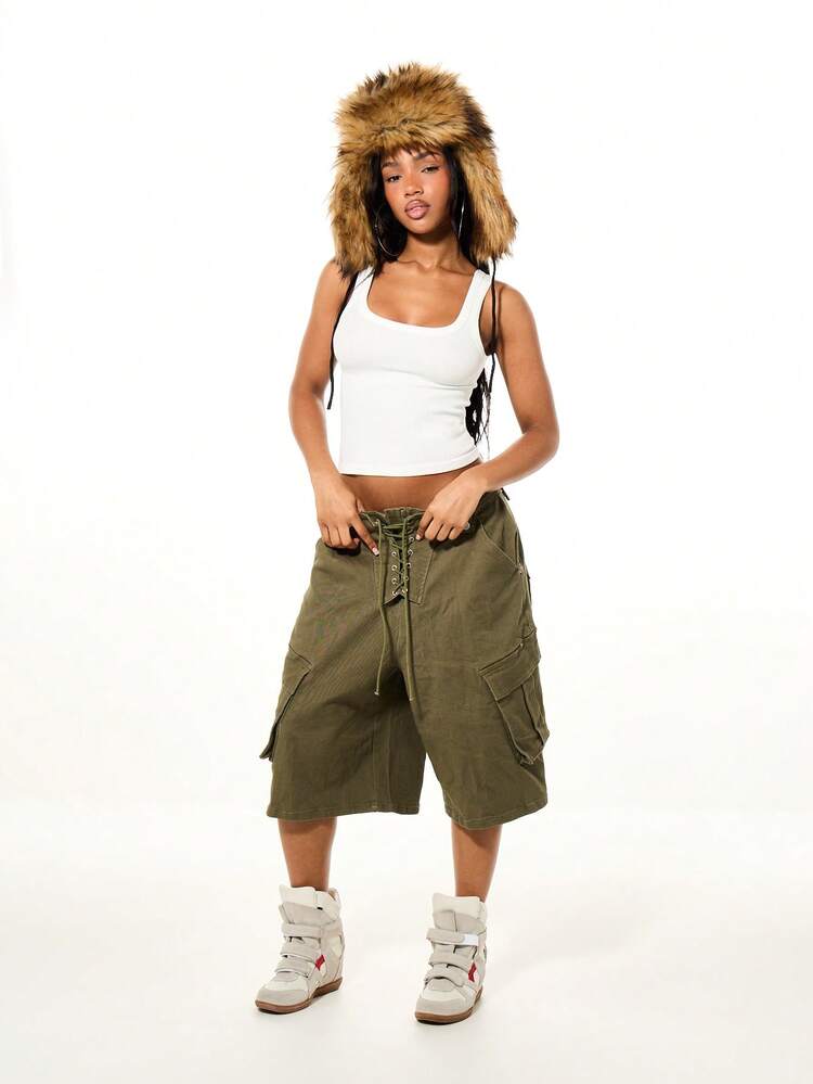 SUMWON WOMEN Olive Twill Cargo Shorts With Lace Up
