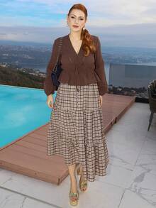 Gretanique 女士休闲通勤简约纯色 V 领灯笼袖前结短款上衣，春秋装 - 咖啡棕 - 查看 1