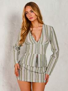 SHEIN Glamour Women's Elegant Sexy Office Lady Deep V Neck Long Sleeve Top, Mini Skirt, Suit Set, Suitable For Professional Women's Outfit, Business Attire, Autumn/Winter Layering Skirt Suit Short Suit Set Women Sage Green Preppy Plus Size Blazer Skirt Set Blazer Set For Women Short Skirt Set - Green - View 3