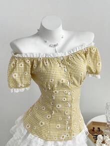 Elamini Women's Summer Minimalist Sexy Daisy Print Off-Shoulder Ruffle Trim Short Sleeve Blouse - Pale Yellow - View 1