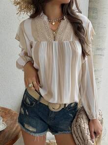 SHEIN Holidaya Women's Khaki Striped Notched-Neck Loose Shirt,Blue And White Stripe,Autumn,Boho,Vacation,Holiday,Ruffled Long Sleeve Lace Trim Peasant Blouse Tops - Khaki - View 8